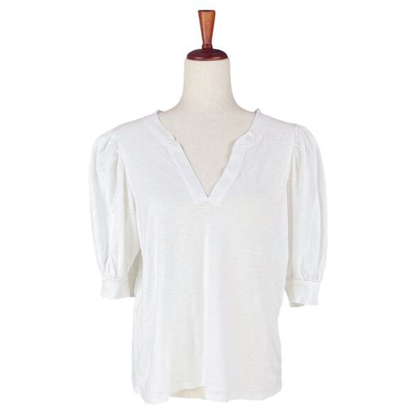 NATION LTD Lou Peasant Top 100% Pima Cotton Puff Sleeve V-Neck Tee White Size L - Picture 2 of 8